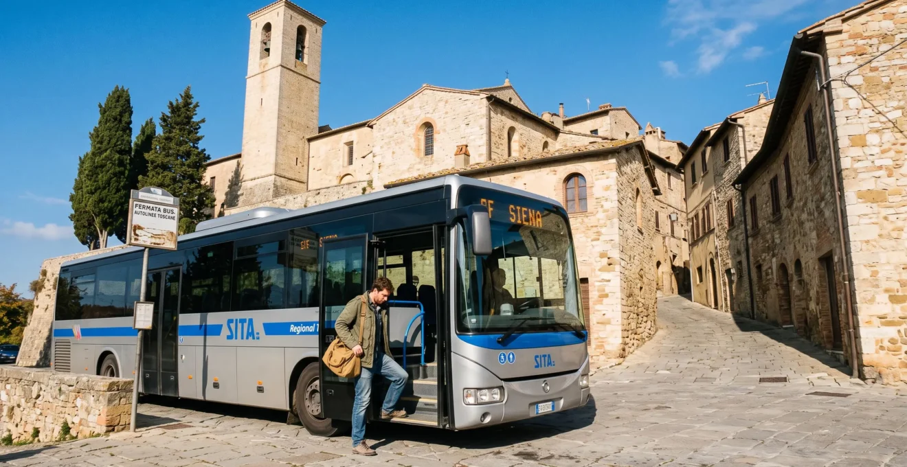 Bus régional arrêté à l'entrée d'un village médiéval toscan avec ses tours de pierre caractéristiques