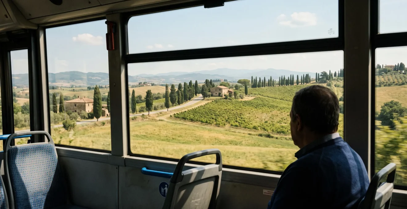 Vue depuis l'intérieur d'un bus régional traversant la campagne toscane avec vignobles et cyprès