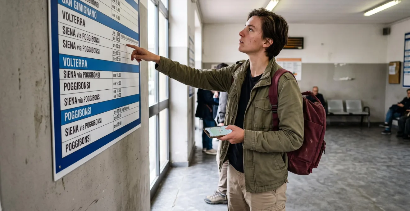 Voyageur consultant un panneau d'horaires de bus dans une gare routière toscane
